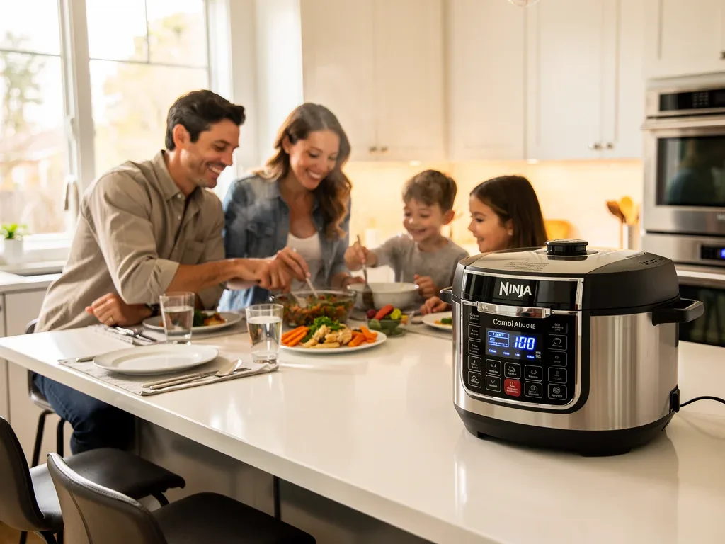 Family enjoying quick meal prepared with Ninja Combi All-in-One Multi-Cooker.