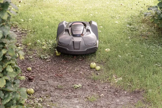 A close-up shot of a robot lawn mower navigating a complex obstacle course in a yard setting. The course includes trees, flower beds, and garden gnomes, highlighting the mower's obstacle avoidance capabilities.
