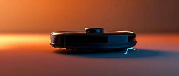 A close-up shot of an AI-powered vacuum cleaner's sensors and cameras, highlighting the advanced technology used for navigation and object recognition. The background is slightly blurred to focus attention on the sensors.