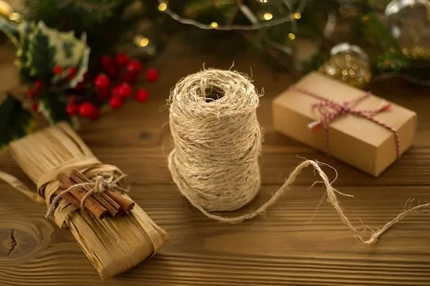 A close-up of eco-friendly Christmas ornaments made from recycled glass and natural twine, displayed on a rustic wooden table.