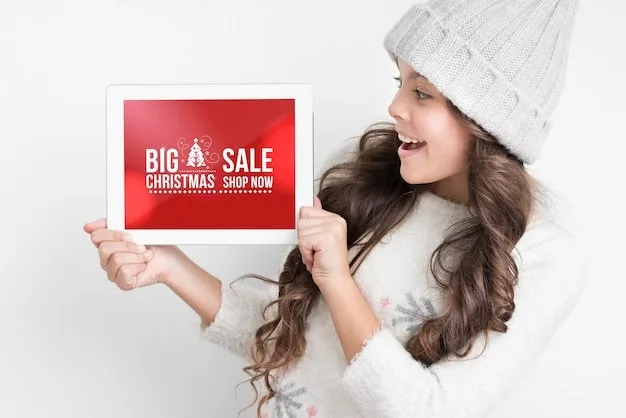 A person holding a tablet, browsing an online retail website with a prominent banner advertising a post-Christmas clearance sale.