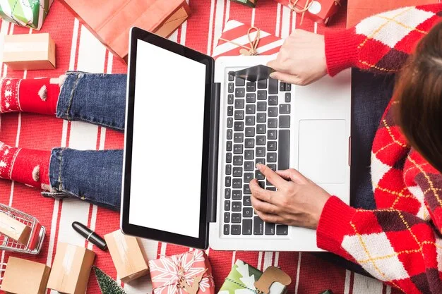 A split-screen image showing the upper half of the frame with a person happily shopping on a laptop with festive holiday decorations and the lower half with a person searching a store section.