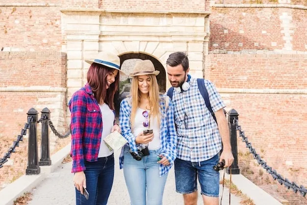 A group of travelers participating in a free walking tour of a city, showcasing the guide and the historical landmarks they are visiting.