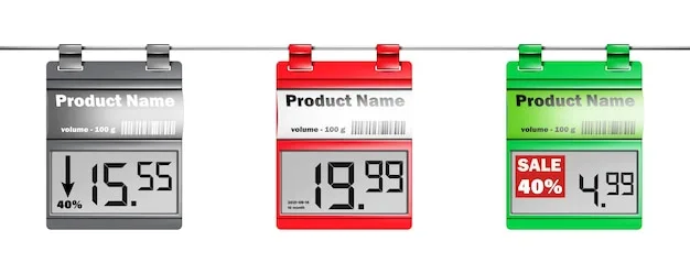 A digital scale displaying a price tag with a crossed-out original price and a lower discounted price. Coins and dollar bills are scattered around the scale, symbolizing the process of weighing the value of a discount.