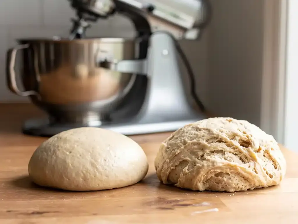 Comparison of kneaded bread dough at different stages of gluten development
