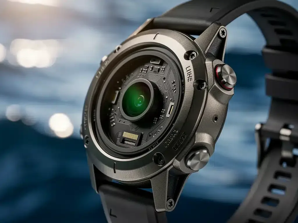 Close-up of Garmin Fenix 8 depth sensor technology with ocean background.
