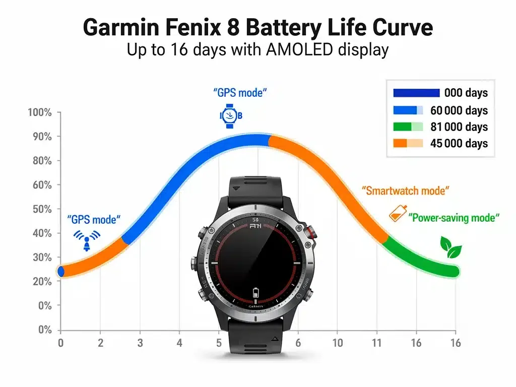 Infographic illustrating Garmin Fenix 8 AMOLED battery performance across different usage modes.