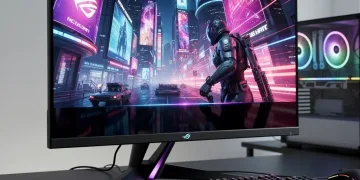 Asus ROG Swift OLED PG32UCDM monitor showcasing 4K 240Hz gaming visuals