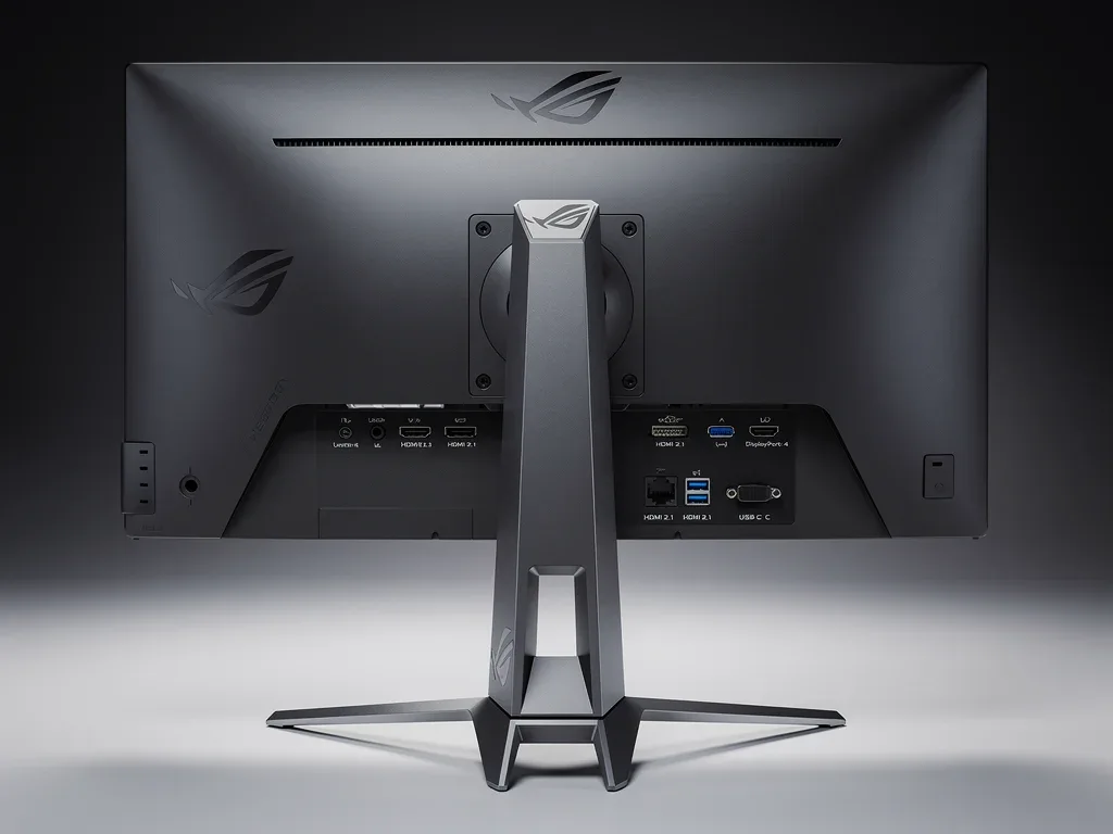 Rear view of Asus ROG Swift OLED PG32UCDM monitor with connectivity ports