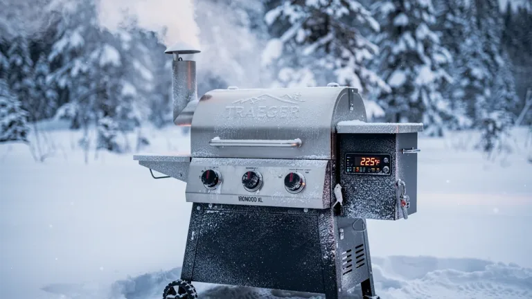 Traeger Ironwood XL pellet grill maintaining 225°F in heavy snow, demonstrating cold weather performance.