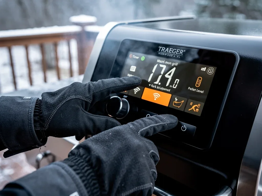 Close-up of Traeger Ironwood XL smart controller displaying temperature in cold weather.