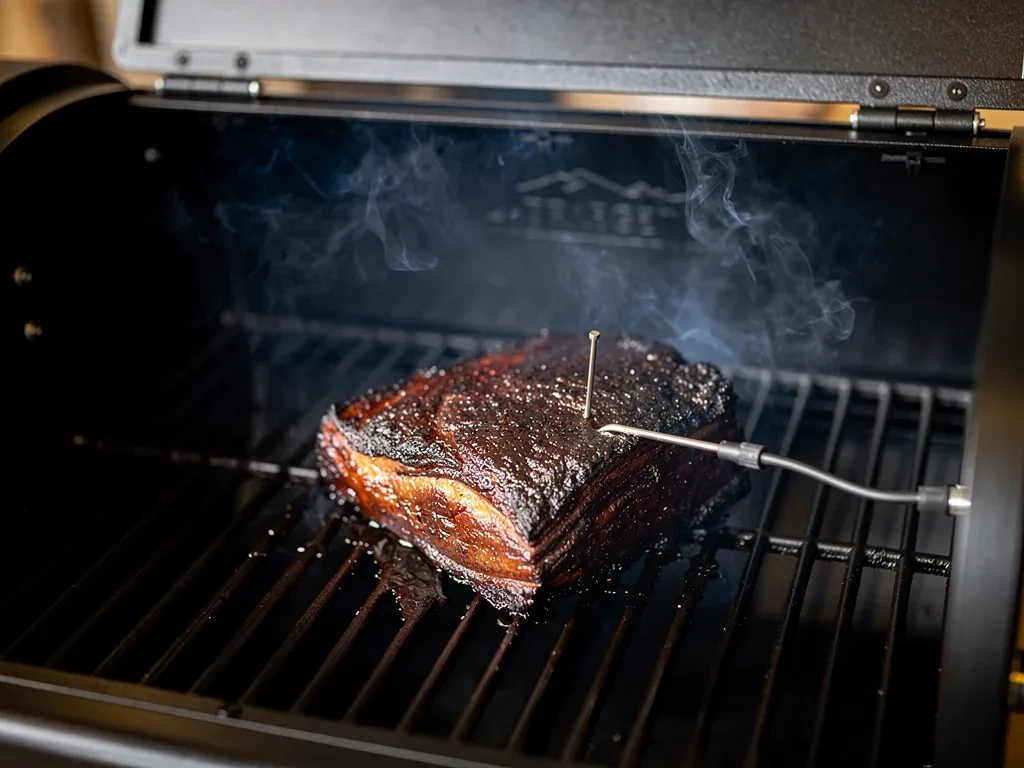 Interior view of Traeger Ironwood XL with smoking meat and consistent smoke.