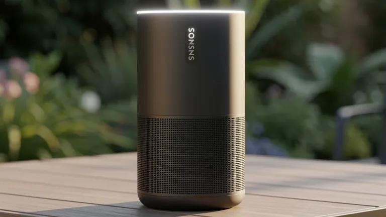 Sonos Move 2 portable speaker on a patio, ready for outdoor use with its sleek design.