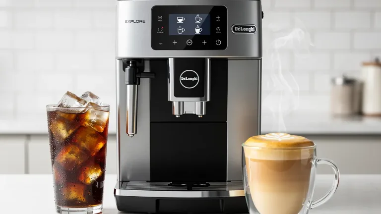 De'Longhi Eletta Explore Espresso Machine brewing hot latte and iced coffee on a modern kitchen counter