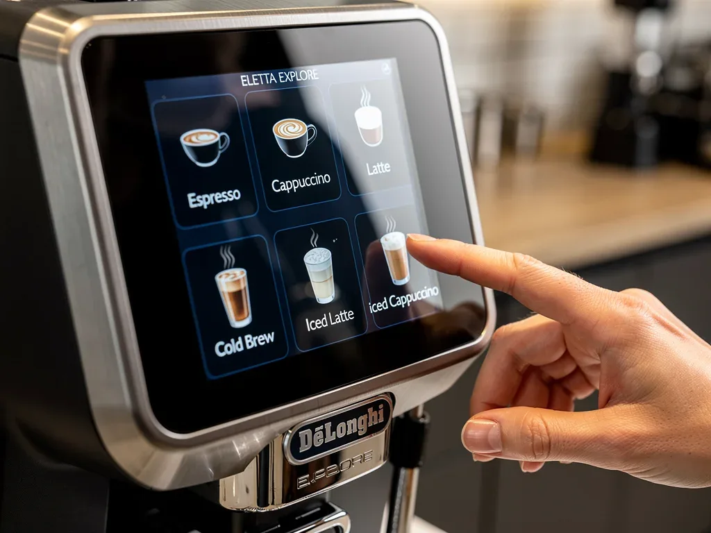 De'Longhi Eletta Explore touchscreen showing hot and cold coffee menu options