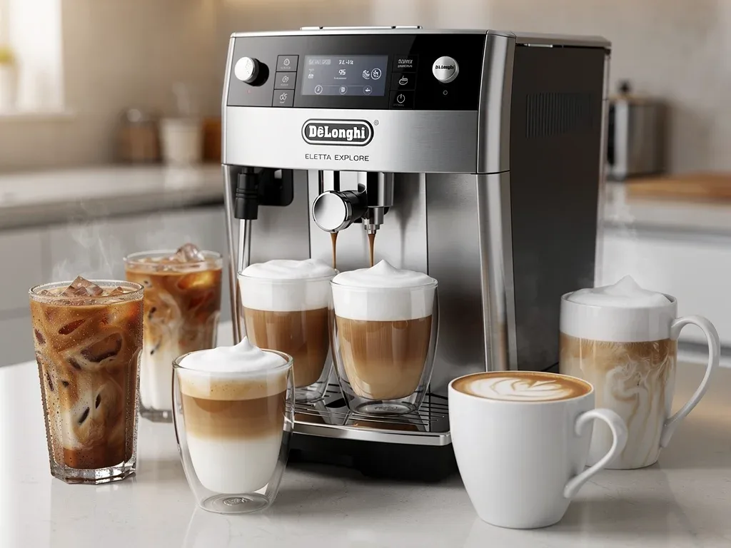 Hot and cold coffee beverages representing the De'Longhi Eletta Explore drink range