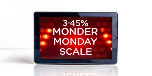 A digital calendar graphic with certain dates highlighted in red, indicating peak clearance sale periods such as Black Friday, Cyber Monday, and post-holiday sales. Text overlays include 
