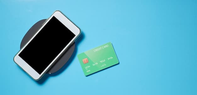 A close-up of a credit card with a chip, next to a smartphone displaying a secure payment app. A padlock icon floats above the credit card and smartphone, symbolizing secure financial transactions.