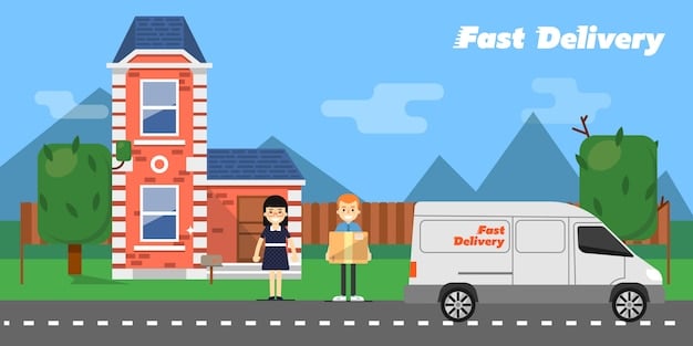 A delivery van in a suburban street, with houses in the background. The van is branded with a well-known shipping company logo, and a delivery person is visible carrying a package towards a house.