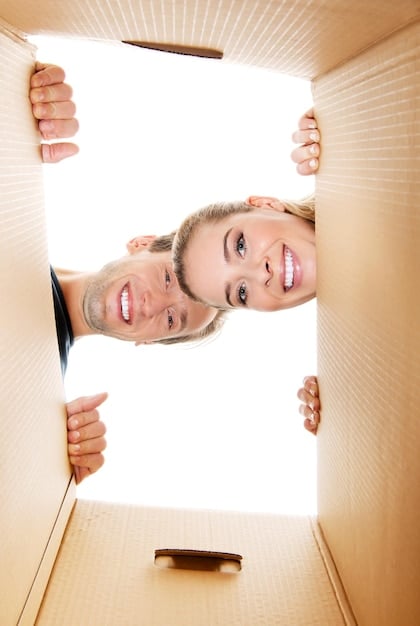 A split image showing a person eagerly opening a package on one side, contrasting with a calculator and money on the other side, emphasizing the balance between excitement and cost-consciousness in online shopping.