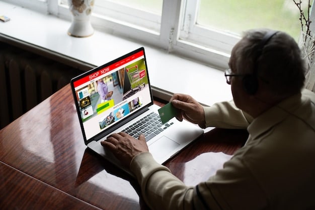 A close-up shot of a senior man's hands using a laptop to compare prices on different online shopping websites. Charts and price listings are visibly displayed on the screen.