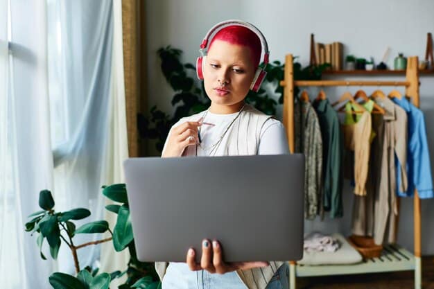 A person sitting at a desk, looking at a laptop with multiple browser tabs open, each displaying a different online retailer's website, all selling the same product (e.g., a pair of headphones).
