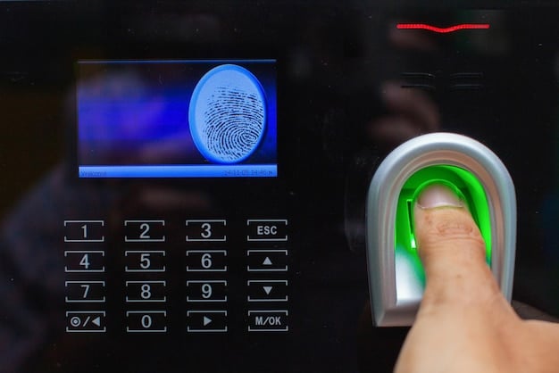 A close-up of a smart door lock with a fingerprint scanner, highlighting the advanced biometric security features of modern smart home systems. The background is blurred, focusing attention on the lock itself.