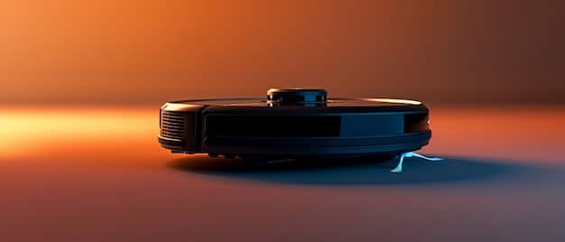 A close-up shot of an AI-powered vacuum cleaner's sensors and cameras, highlighting the advanced technology used for navigation and object recognition. The background is slightly blurred to focus attention on the sensors.