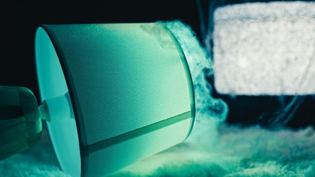A close-up shot of an air purifier's filter, showcasing its multiple layers and the various particles trapped within, such as dust, pollen, and pet dander.