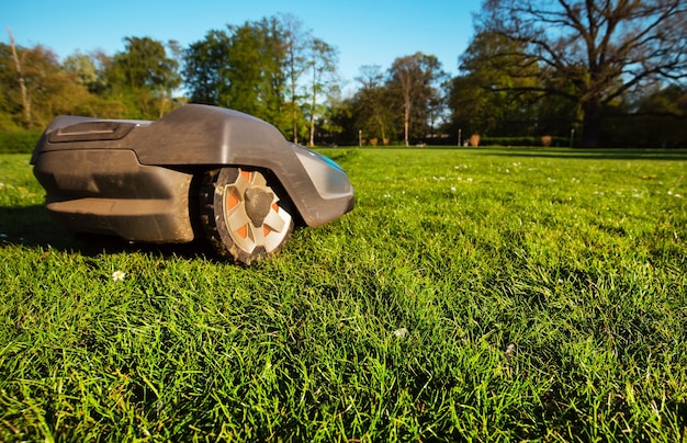 A side-by-side comparison of two patches of lawn, one cut by a traditional mower (uneven and slightly ragged) and the other cut by a robot lawn mower (perfectly even and precise).