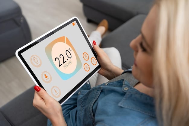 A close-up shot of a smart thermostat's touchscreen interface, showing a detailed energy usage report with graphs and charts.