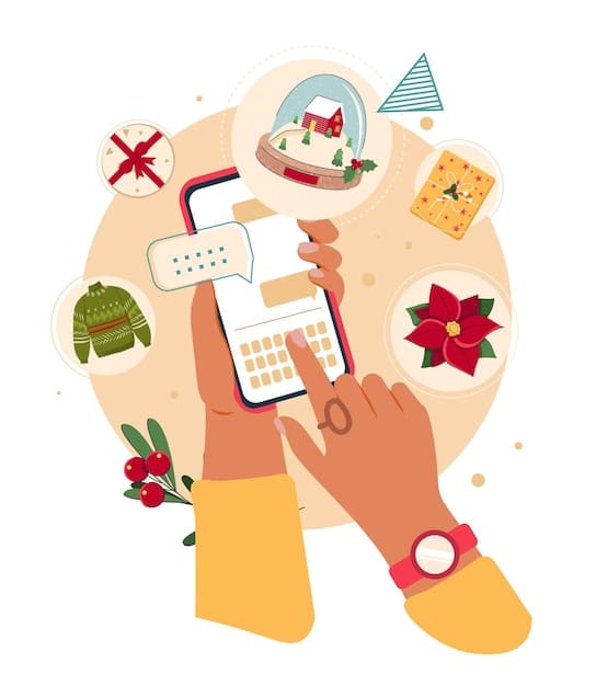 A digital illustration showing a hand holding a phone with shopping apps, overlaid with tax symbols and a calendar set to 2025.