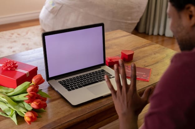 A split-screen image showing online shopping deals on a laptop on one side and a person happily handing a beautifully wrapped gift to another on the other side.
