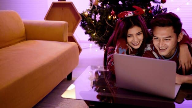 A family smiling and pointing at a laptop screen displaying a travel booking website with discounted prices. Warm, inviting lighting with a modern home interior in the background.