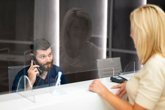 A frustrated shopper standing at a customer service desk, holding up a phone with a competitor's price displayed. The customer service representative is listening attentively.