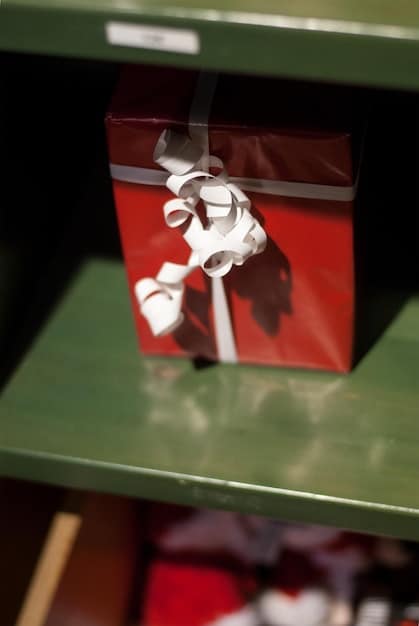 A close-up of a clearance rack filled with holiday-themed gift sets. The focus is on the price tags showing significant discounts, with a blurred background of shoppers.