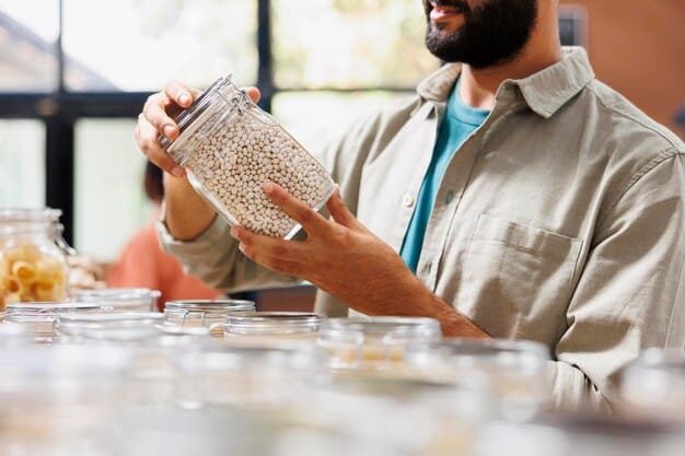 A person shopping at a bulk food store, filling reusable containers with grains and nuts. The scene is brightly lit and focuses on reducing plastic packaging.