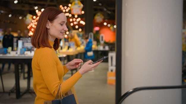 A person holding a smartphone, looking at the retailer's return policy on the screen while holding a recently purchased item in the other hand. The setting is a brightly lit shopping mall.