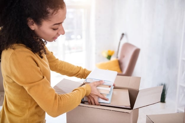 A person preparing to ship back an item purchased online, carefully packing it in its original box with the return label attached. The setting is a well-organized home office.
