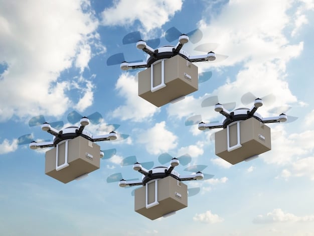 A close-up shot of a delivery drone carrying a small, wrapped gift box. The drone is flying against a clear blue sky, symbolizing the innovation and efficiency of future delivery methods.
