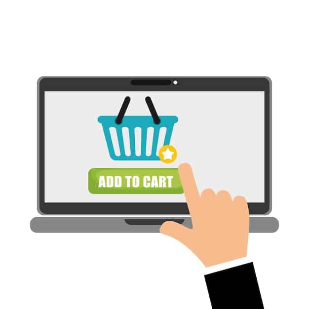A hand holding a laptop with a shopping website open. A browser extension icon is visible near the address bar, indicating that it is actively searching for coupons and deals.