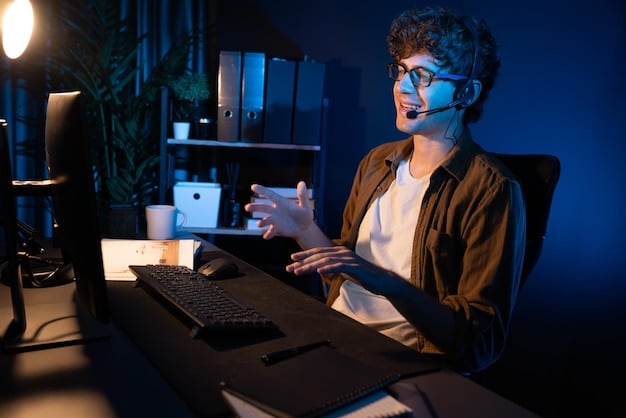 A sleek, futuristic-looking AI personal assistant device sitting on a desk, interacting with a user through a holographic display. The device is surrounded by other smart home gadgets, highlighting a connected environment.