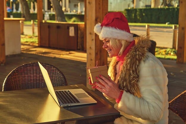 A person using a laptop to search for flights and hotels online, with festive holiday decorations in the background. The scene highlights the act of planning and booking early for holiday travel.
