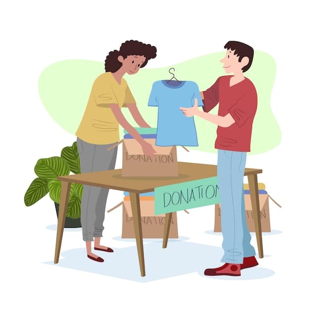 A person is shown sorting through clothes to donate, with various types of clothing and boxes labeled with different charity names.