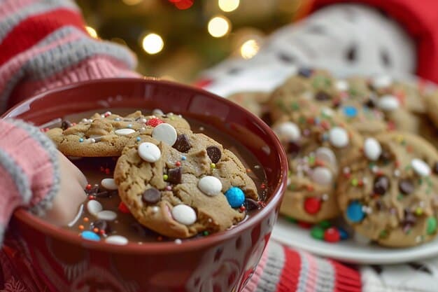 A close-up shot of a plate of no-bake cookies, drizzled with chocolate and sprinkled with holiday-themed sprinkles.