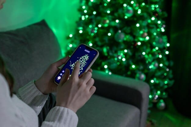 A modern living room featuring smart Christmas lights controlled by a smartphone app, with the lights dynamically changing color and brightness.