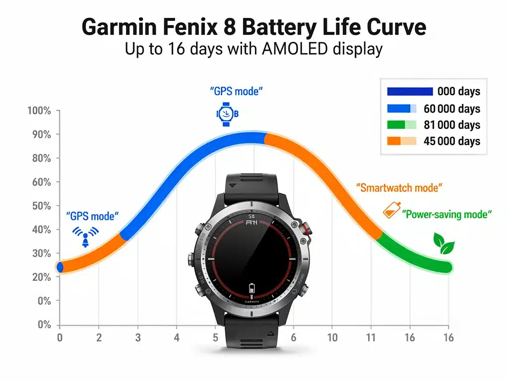 Infographic illustrating Garmin Fenix 8 AMOLED battery performance across different usage modes.