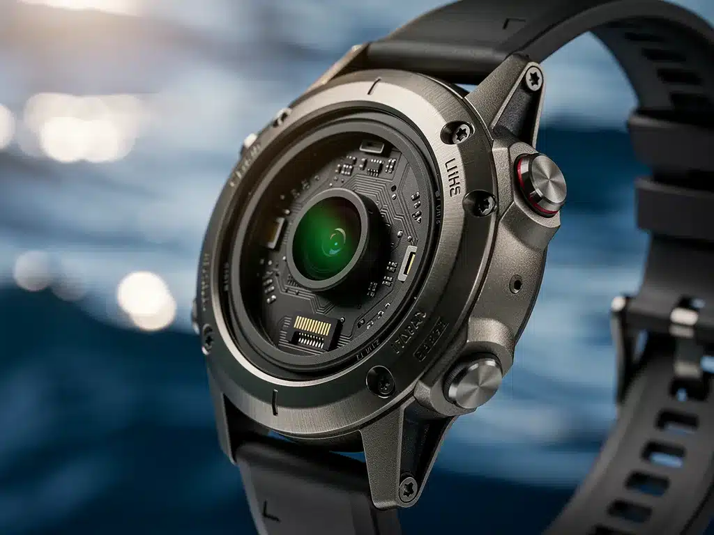 Close-up of Garmin Fenix 8 depth sensor technology with ocean background.
