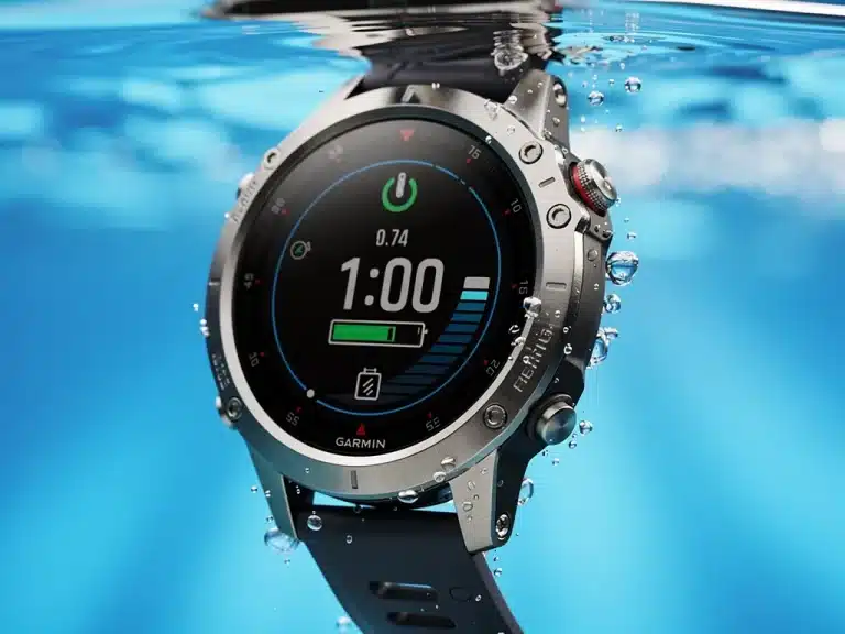 Garmin Fenix 8 smartwatch displaying diving depth and battery life on its AMOLED screen in water.
