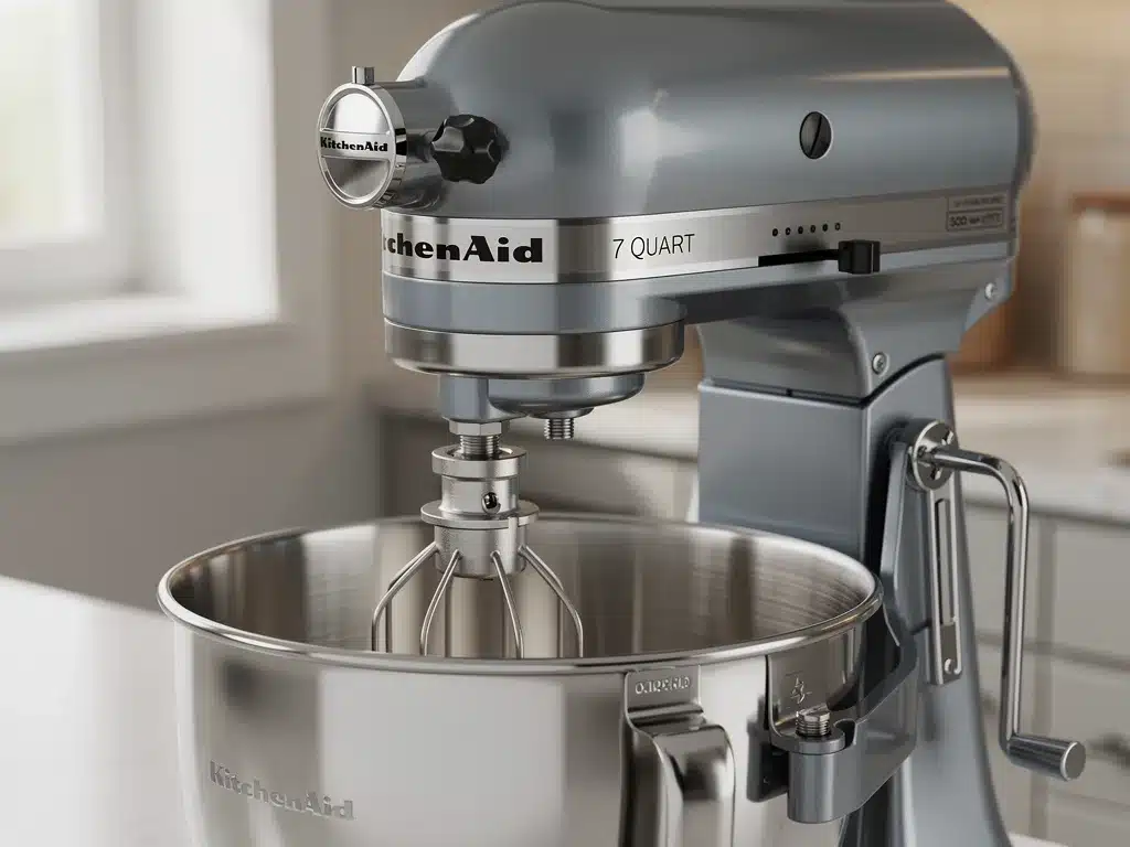 Close-up of KitchenAid 7-Quart mixer motor and bowl-lift mechanism